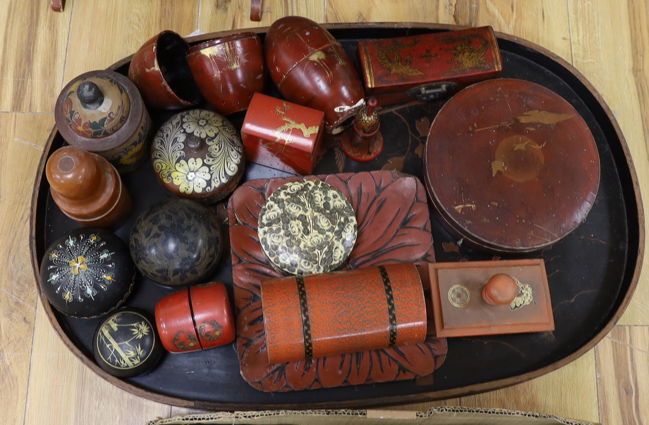 Two chinoiserie lacquer cake stands, a large lacquer tray, a quantity of boxes, blotters, an ink stand, tins etc